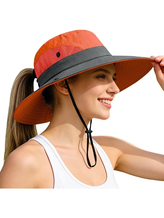 Accessories - Women's Orange Wide Brim Foldable Ponytail Mesh Safari Chin Fishing Strap Hat